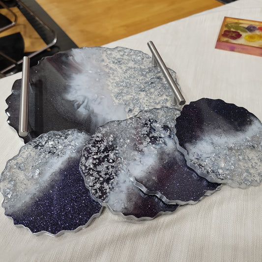 Black & Silver Flake Geode Tray & Coaster Set