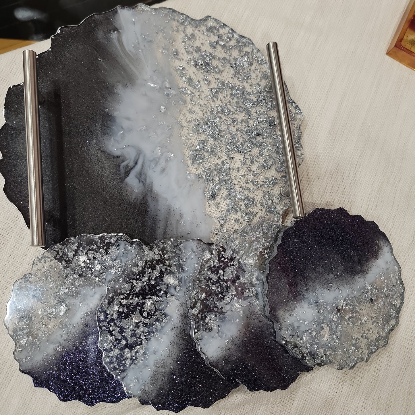 Black & Silver Flake Geode Tray & Coaster Set