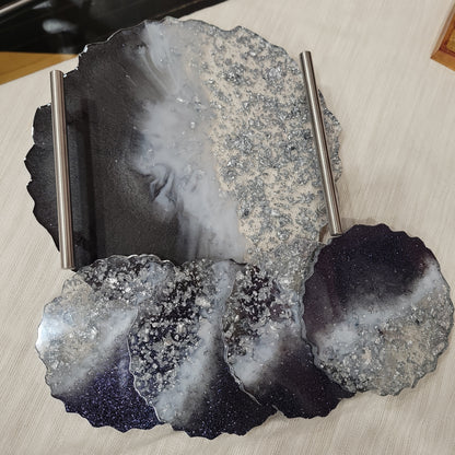 Black & Silver Flake Geode Tray & Coaster Set